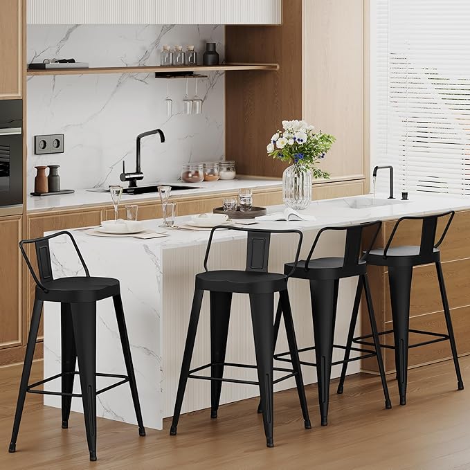 Aklaus Metal Bar Stools Set of 4 Counter Height Bar Stools for Kitchen Island Farmhouse Barstools with Removable Back 26" Indoor Outdoor Barstools, Matte Black