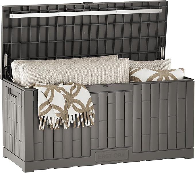 EAST OAK 120 Gallon Outdoor Storage Box | Large Resin Deck Box with Reinforced Stainless Steel Support | Waterproof & UV-Resistant Patio Storage Box for Cushions, Garden Tools & Pool Accessories, Grey