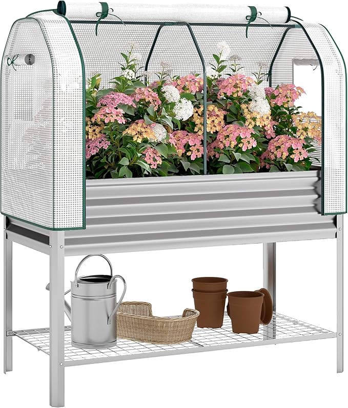 Outsunny Galvanised Raised Garden Bed with Greenhouse Cover, Metal Elevated Garden Bed with Legs, Bed Liner and Bottom Shelf, Outdoor Raised Planter Box for Vegetables, Herbs, Flowers, Silver
