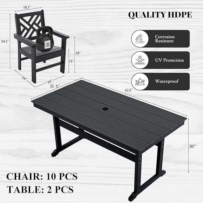 HDPE Dining Table Set for 10,12-Piece Outdoor Table and Chairs Include 10 Dining Chairs and 2 Pcs 62.5" Patio Dining Table with Umbrella Hole (Black)