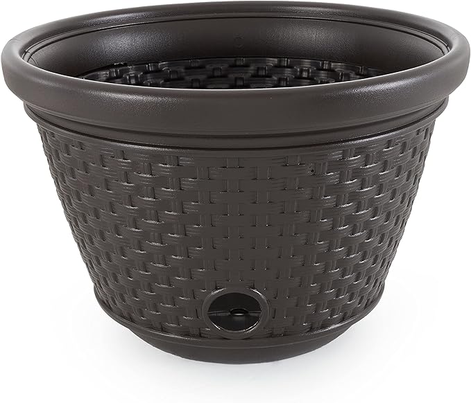 Suncast 4 Pack Wicker Hose Pot, Decorative Resin Garden Hose Storage, 100ft 5/8in Standard Vinyl Hose Capacity with 4 Drain Holes, 18in x 12in, Java