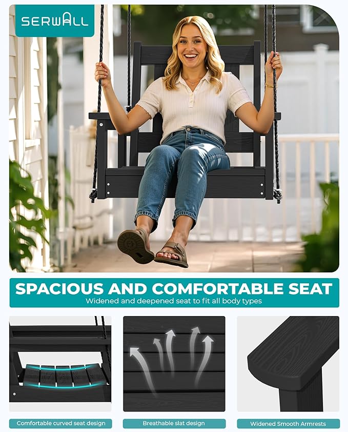 SERWALL HDPE Single Porch Swing Set of 2, Heavy Duty Single Person Swing Chair with 2 Polypropylene Hanging Ropes, Adirondack Hanging Chair for Outdoor Front Porch Patio Garden Yard, Black