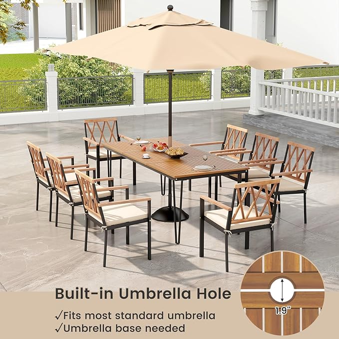 Tangkula 9 Piece Patio Dining Set, Outdoor Rectangular Dining Table w/Acacia Wood Top & Umbrella Hole, Metal Frame Dining Table & Chairs Set w/Removable Seat Cushions for Yard, Porch, Garden, Deck