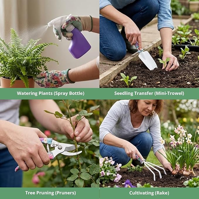 5 Pieces Garden Tools Set with Floral Print, Essential Gardening Kit Includes Trowels, Rake, Pruner, Spray Bottle & Carrying Case, Lightweight Hand Tools Gift for Women & Beginner Gardeners