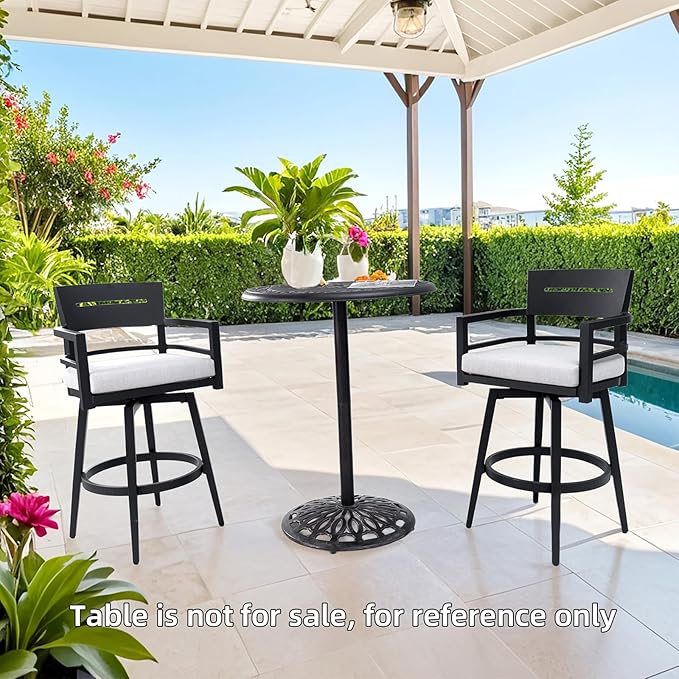 Modern Outdoor Bar Stools Set of 2 Swivel Patio Bar Chairs with 360° Rotation and Cushion with Sunbrella Fabric Weather-Resistant Aluminum Frame Patio Bar Stool for Deck Garden
