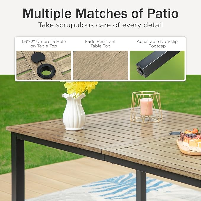 PHI VILLA Outdoor Dining Set for 6 Person, Wooden Texture Metal Table with Umbrella Holes and 6 High Back Fixed Chairs All Weather Patio Table and Chairs for Deck Garden Yard