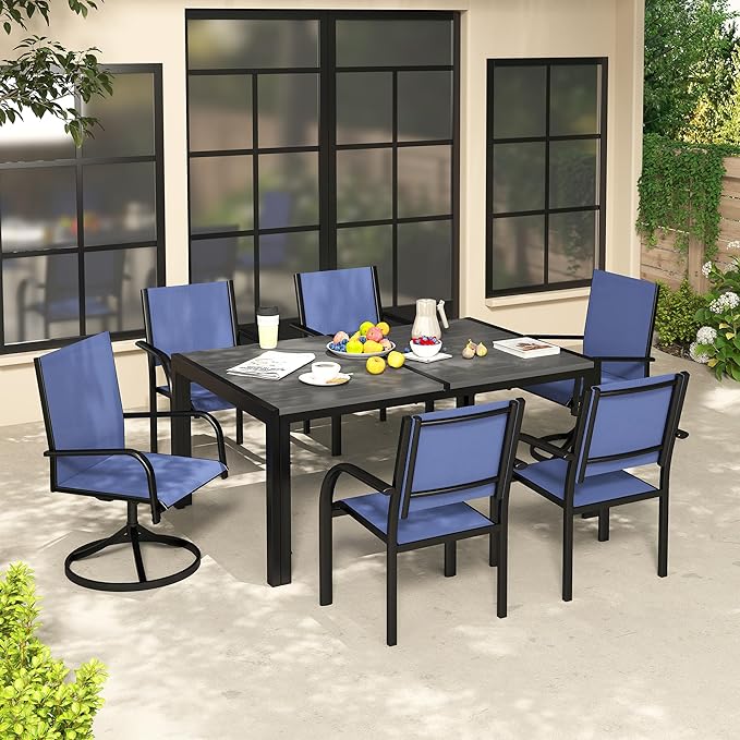 7-Piece Outdoor Patio Dining Set for 6, 59” Table with 4 Textilene Dining Chairs & 2 Swivel Chairs, Patio Furniture Set with Durable Metal Frame for Backyard Garden, Deck, and Poolside (Blue)