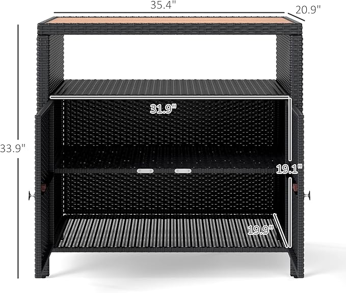 Outsunny Wicker Outdoor Storage Cabinet, Rattan Outdoor Bar Table with Acacia Wood Countertop, 2 Doors and Shelf, Buffet Cabinet Sideboard for Poolside, Garden, Patio, Backyard, Black