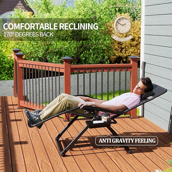UDPATIO Oversized Zero Gravity Chair Set of 2, 33In XXL Patio Reclining Chair with Cushion, Outdoor Folding Recliner with Pillows|Cup Holder|Foot Rest|Padded Headrest, Dark Grey, Support 502LB