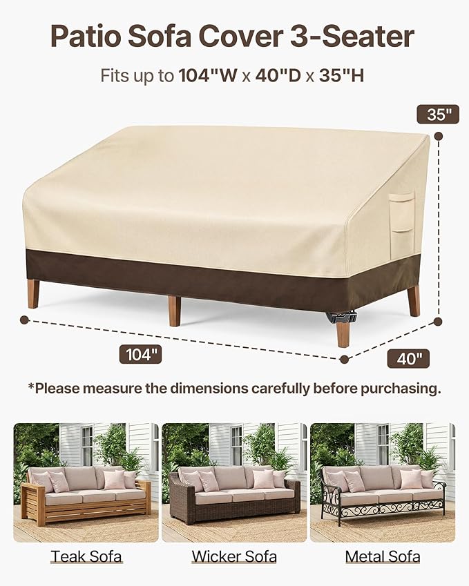 Vailge Heavy Duty Patio Sofa Cover, 100% Waterproof 3-Seater Outdoor Sofa Cover,Lawn Patio Furniture Covers with Air Vent and Handle,Beige&Brown