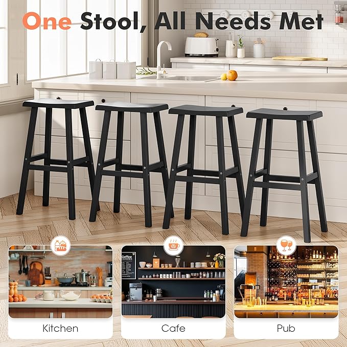 NUNU LAB HDPE Weatherproof Bar Stools Set of 2-29 Inch Bar Height Stools with Curved Backrest, UV Resistant Kitchen Island Chairs for Pub, Patio, Outdoor Bar Counter (Black)