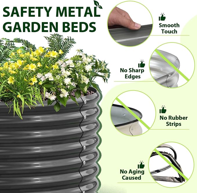 A ANLEOLIFE 12-Set 8X4X2 ft Galvanized Raised Garden Bed Kit, Oval Metal Deep Root Planters for Outdoor Plants, Quartz Grey