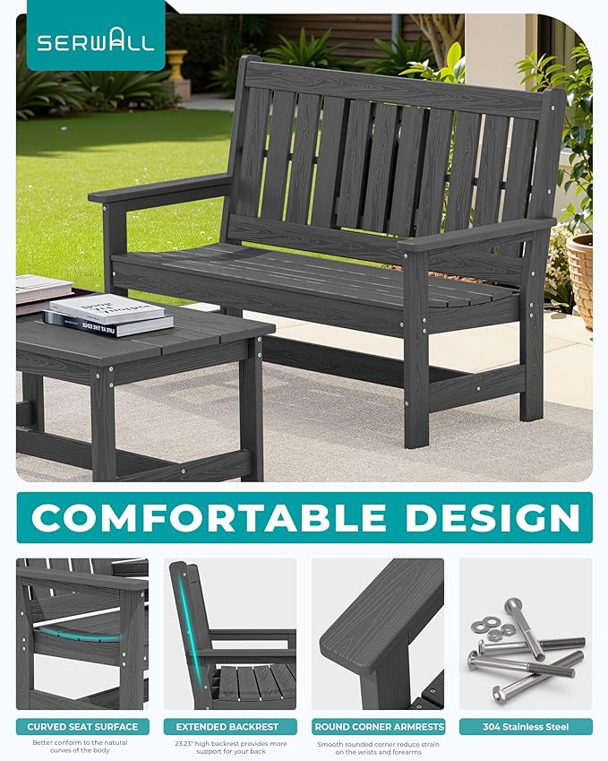SERWALL Outdoor Bench with Cup Holder, 58" HDPE Garden Park Bench Suitable for 3 Person, All Weather Patio Benches with High Backrest and Wide Armrests for Garden, Park, Yard, Front Porch, Grey