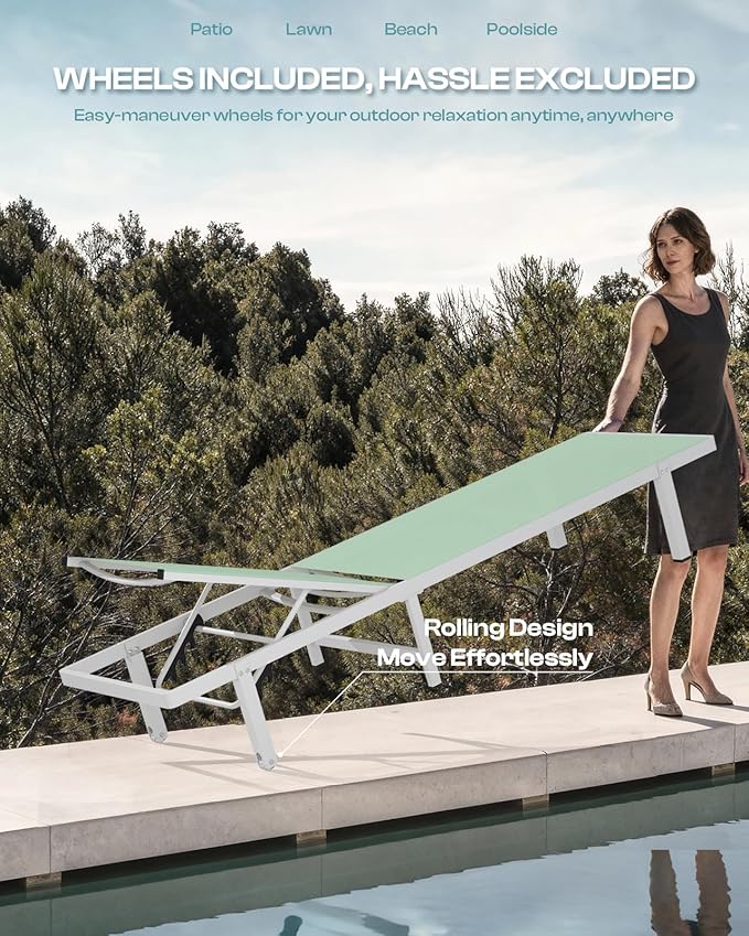 Aluminum Outdoor Lounge Chairs Set of 2, Pool Lounge Chairs with Wheels and 5-Position Recliner -Easy to Move- Patio Chaise Lounge Outdoor for Poolside, Deck, Beach (LightGreen)