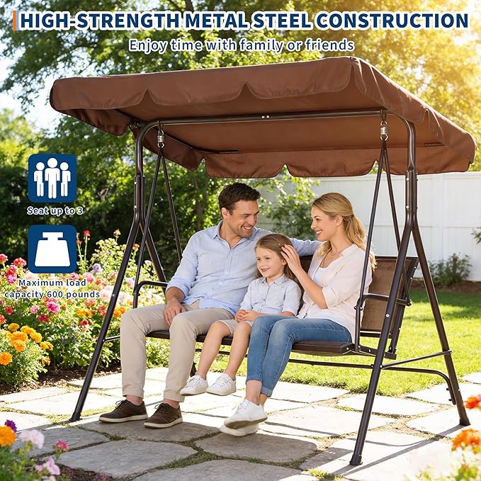 3-Seat Outdoor Patio Porch Swing with Stand, Waterproof Textilene & Adjustable Canopy, Steel Frame Swing Outdoor Chair for Backyard, Front Porch, Lawn, Garden