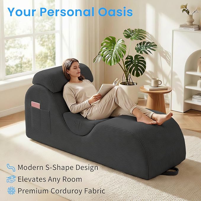 ijuicy 25" Wide Corduroy Yoga Chair, Yoga Lounge Chair for Adults, Chaise Lounge Chair Indoor/Yoga Lounger with Headrest, Waist Cushion, Movable Footrest, Side Pockets,High Density Sponge-Light Grey