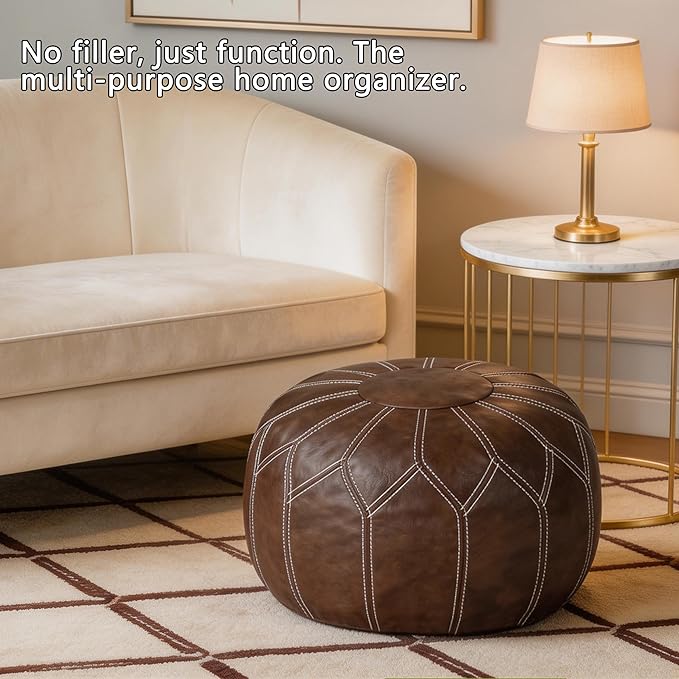 Thgonwid Unstuffed Moroccan Faux Leather Pouf Ottoman with Storage - Handmade Boho Chic Multi-Use Footrest for Living Room, Bedroom, Patio - Round Ethnic Floor Cushion & Decorative Accent, Deep Coffee