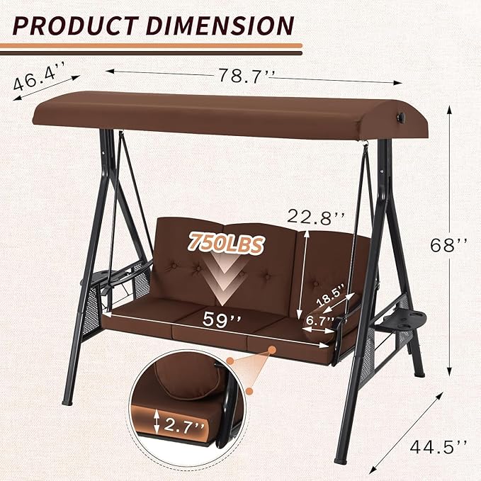 AECOJOY Outdoor Porch Swing, 3-Seat Porch Swing with Adjustable Canopy, Outdoor Swings for Adult with Brown Removable Cushions for Backyard, Garden, Yard, Poolside, Balcony