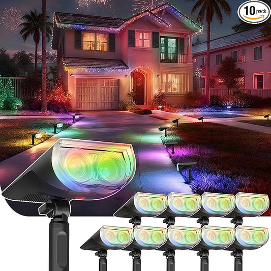 Linkind Solar Lights Outdoor StarRayS, Color Changing Solar Spot Lights, IP67 Waterproof St Patricks Day Lights for Landscape Garden Pathway Walkway (Multicolor, 10 Pack)