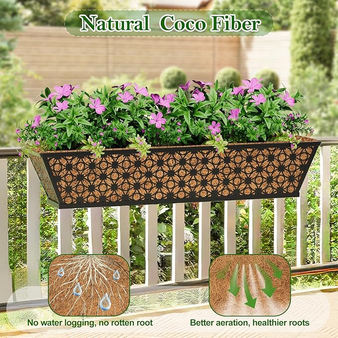 SPECILITE 24" Window Boxes Planters, Heavy Duty Metal Railing Planter Boxes, Adjustable Balcony Planters for Railing Hanging, with Coco Liner & Tool Set for Deck, Porch, and Patio Gardening (4 Pack)