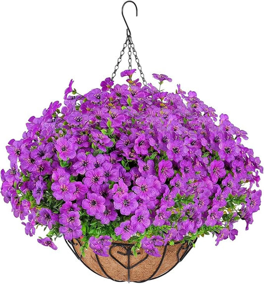 Artificial Hanging Flower for Outdoors, Fake Hanging Basket for Outside,1 Hanging Basket with 13 Pcs Faux Silk Flowers for Porch, Balcony and Patio Decor(Purple)