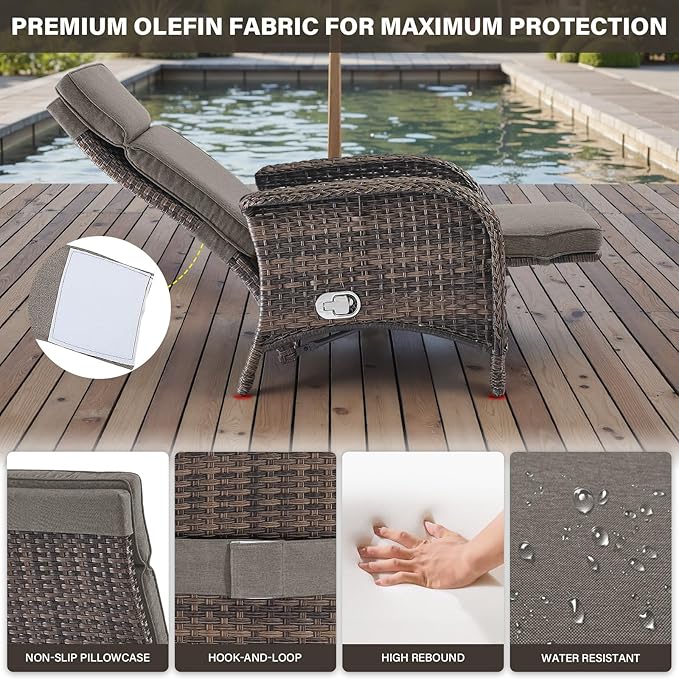 Belord Versatile Outdoor Recliner Chair - 2 Piece Reclining Patio Chair with Adjustable Backrest and Footrest, All-Weather Wicker Chaise Lounge Chair Outdoor for Pool Deck Brown
