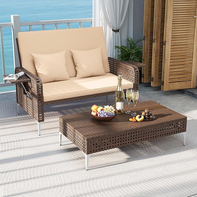 Tangkula Patio Rattan Daybed with 4-Level Adjustable Backrest, Boho Outdoor Wicker Loveseat & Storage Ottoman with Cushion, 2-Person Sun Lounger with Folding Tables for Poolside, Backyard & Garden