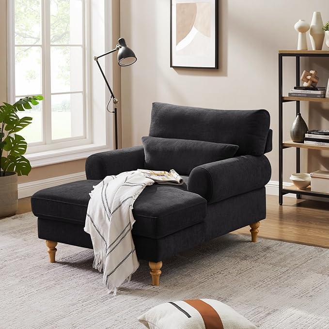 Modern Chaise Lounge Chair with Adjustable Backrest, Upholstered Indoor Leisure Sofa Recliner, Oversized Accent Chair Deep Seat Reading Armchair for Living Room, Bedroom, Office, Black