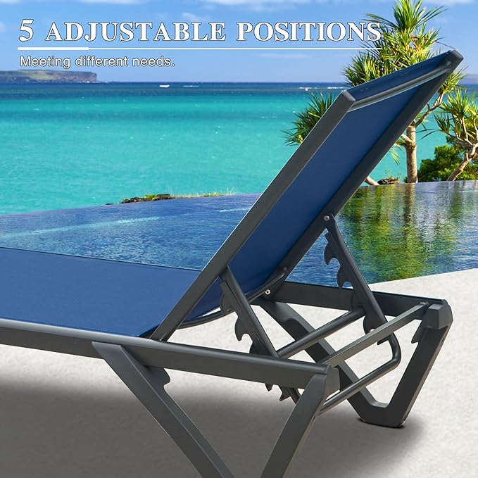 Domi Pool Lounge Chairs Set of 2, Aluminum Adjustable Outdoor Chaise Lounge with Wheels, All Weather Poolside Chairs for Deck Lawn Patio Backyard, Textilene - Navy Blue