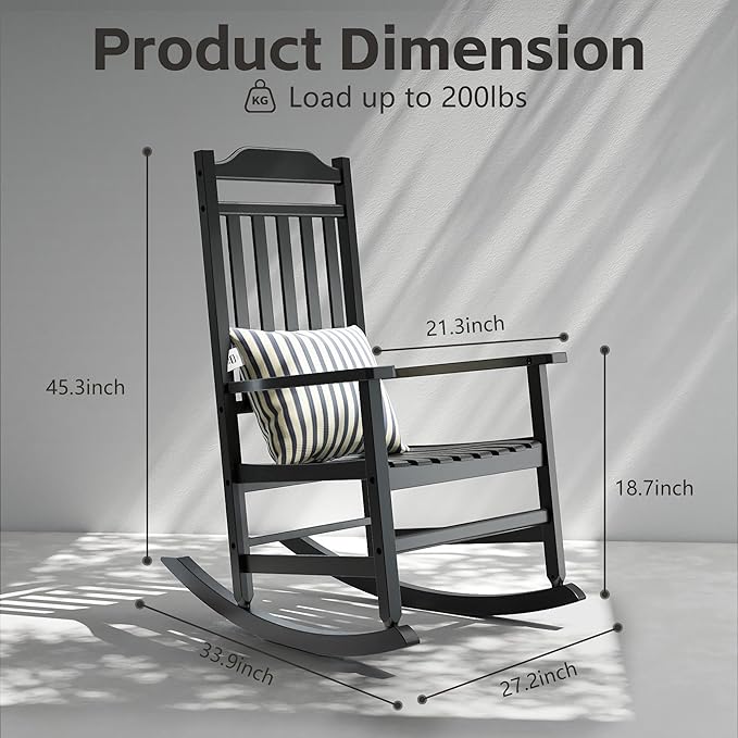 Patio Rocking Chair Outdoor Set of 1,Weather Resistant Poly Resin Oversized Porch Rocker,High Back Smooth Design,350lb Weight Capacity,Indoor Outdoor Use