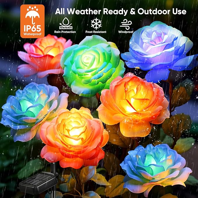 Solar Garden Lights Outdoor Waterproof: 6 Pack LED Solar Flowers Lights Garden Decor - 7 Color-Changing Spring Solar-Powered Stake Rose Decor for Patio Outside Yard Pathway Lawn Cemetery Decorations