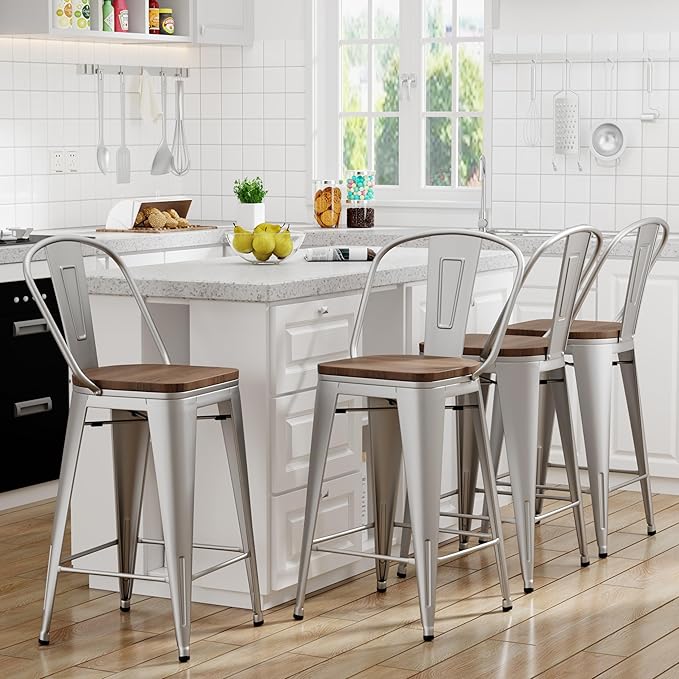 Yongqiang 26 inch Bar Stools Set of 4 Kitchen Counter Height Bar Chairs Modern Farmhouse Metal Barstools with Large Wooden Seat, High Back Silver