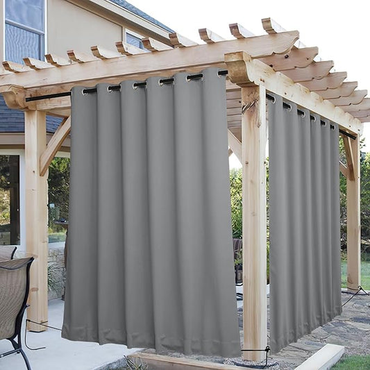 NICETOWN 2 Panels Weighted Outdoor Curtains for Patio Waterproof, Top & Bottom Grommet & Back Tab Fixed Outdoor Curtains Windproof Drapes Thermal Insulated for Gazebo, W84 x L84, Light Grey