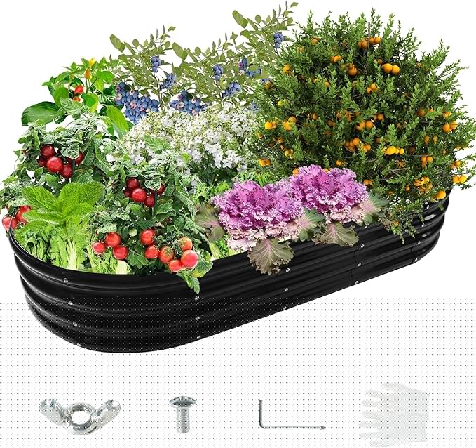 6X3X1 FT Oval Galvanized Metal Garden Raised Bed/Plant Box for Planting,36 Inches Diameter Iron Fire Pit Ring,Small Animal Fence-3 in 1 Modular Design in Black (Black, 72X36X11.5 Inches)