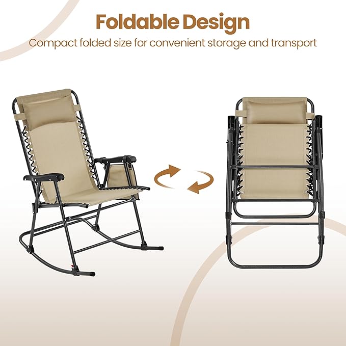 Yaheetech 26in Rocking Chair Outdoor Zero Gravity Folding Chairs Rocking Chairs Foldable Outdoor Reclining Lounge Chair for Outside Lawn with Cupholder/Pillow Ergonomic Design for Rest, Beige