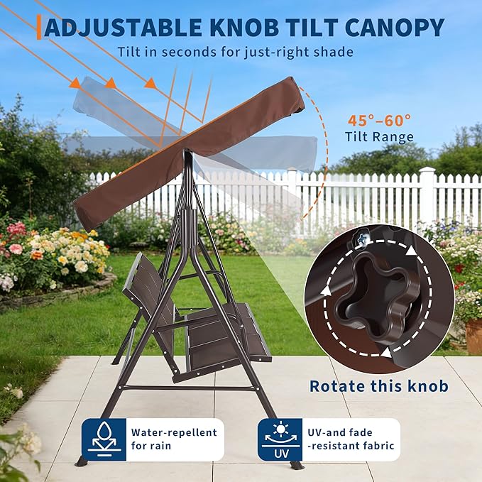 3-Seat Outdoor Patio Porch Swing with Stand, Waterproof Textilene & Adjustable Canopy, Steel Frame Swing Outdoor Chair for Backyard, Front Porch, Lawn, Garden