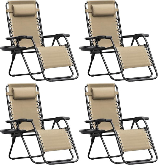 Homall Zero Gravity Chair Patio Folding Lawn Outdoor Lounge Gravity Camp Reclining Lounge Chair with Cup Holder Pillows for Poolside Backyard and Beach Set of 4 (Beige)