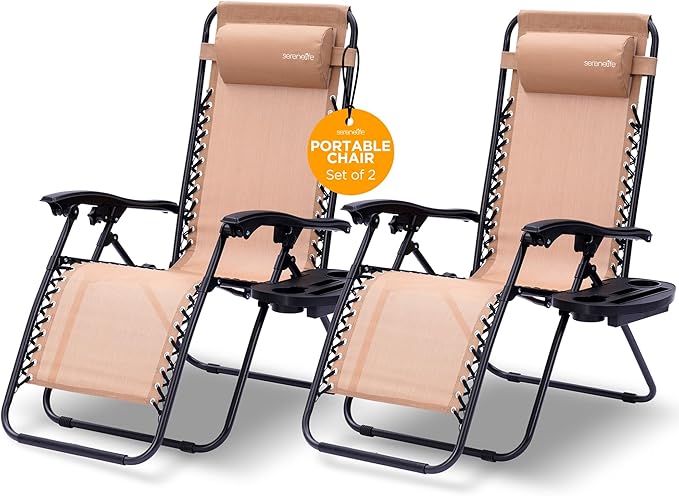 SereneLife Zero Gravity Outdoor Lounge Chairs 2 Pack – Folding Recliners with Side Table, Cup Holder & Padded Headrest – Adjustable Patio Chairs for Lawn, Garden, Deck, Camping (Cream)