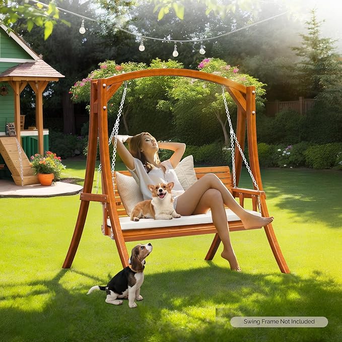 VINGLI Wooden Porch Swing, Heavy Duty 880 LBS Hanging Patio Bench with Extra Cushion for Lawn| Garden| Courtyard (Brown, 5 feet)