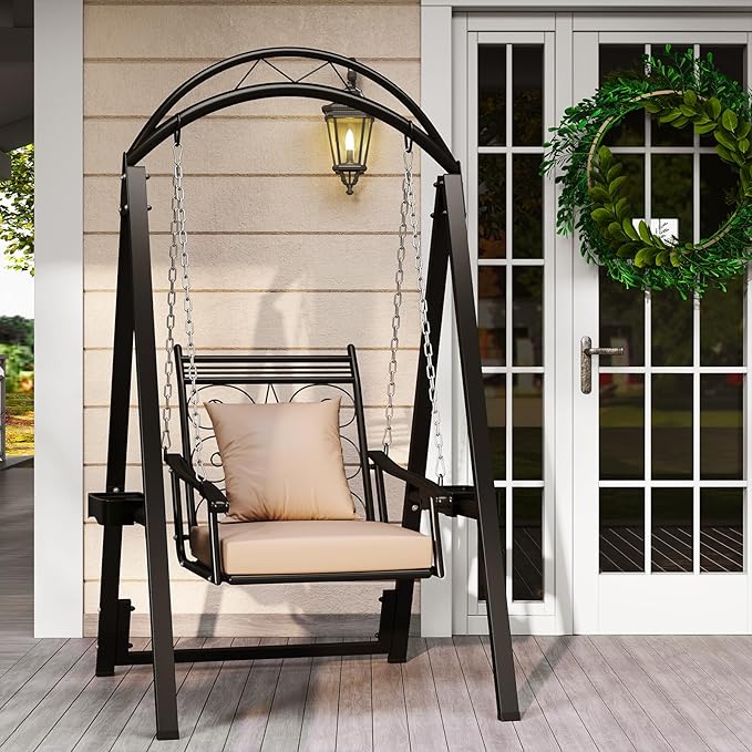 Tangkula Porch Swing with Stand, Outdoor Patio Swing with Heavy-Duty Metal Frame, Removable Cushions, Side Tables, Armrests for Garden, Balcony, Backyard, Poolside