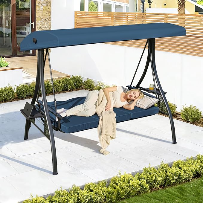 3-in-1 Convertible Outdoor Swing for Adults, Outdoor Porch Swing with Stand 800lb Bearing Capacity, 3-Seat Outdoor Swing with Canopy Adjustable, Thickened Cushions (Square, Blue)