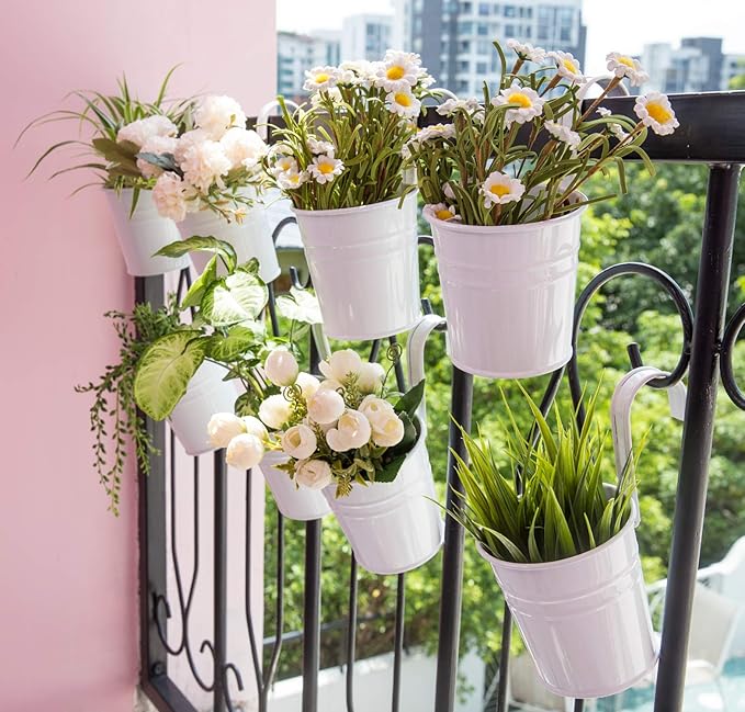 Dahey 10 Pcs Hanging Flower Pots Metal Iron Bucket Planter for Railing Fence Balcony Garden Home Decoration Flower Holders with Detachable Hooks, White, 4 Inches