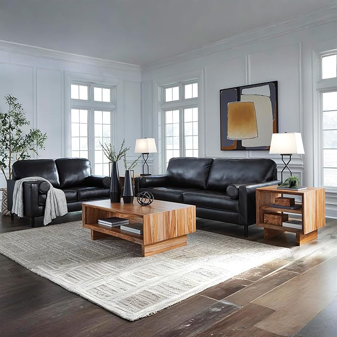 Signature Design by Ashley Bryceview Mid-Century Leather Match Tufted Loveseat with 2 Bolster Pillows, Black