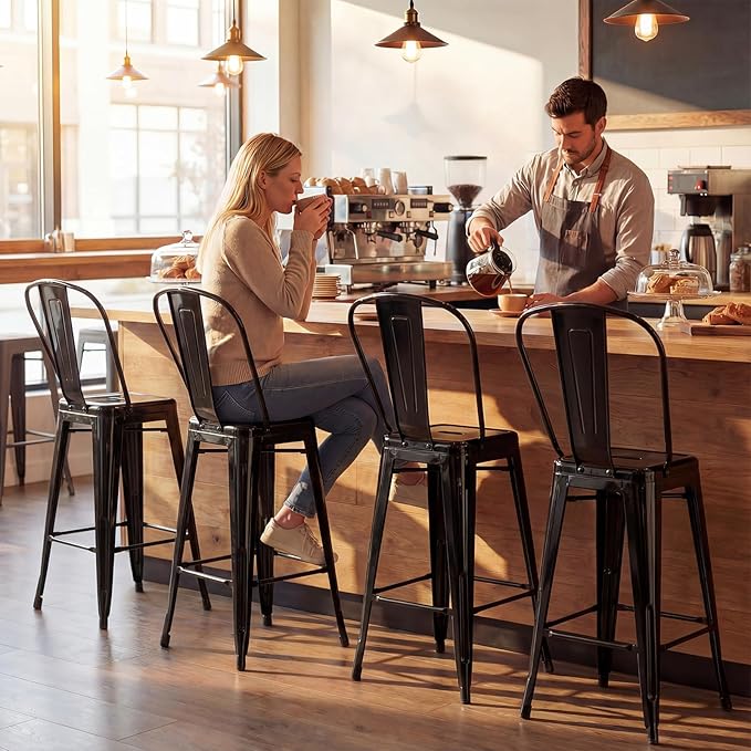 COSTWAY 24'' Metal Bar stools Set of 4, with Removable Back, Counter Height Stools with Rubber Feet, Stylish and Modern Chairs, for Kitchen, Dining Rooms, and Side Bar (Black-Update, 24'')
