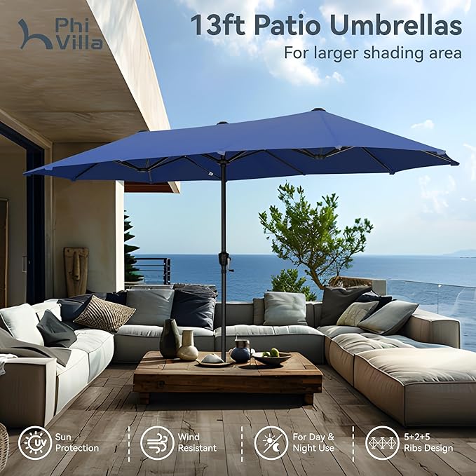 PHI VILLA 8 Piece Patio Dining Set with 13ft Patio Umbrella (Haze Blue), 6 Outdoor Swivel Dining Chairs & 1 Large Metal Dining Table with 1.57" Umbrella Hole, for Deck Lawn (No Umbrella Base)