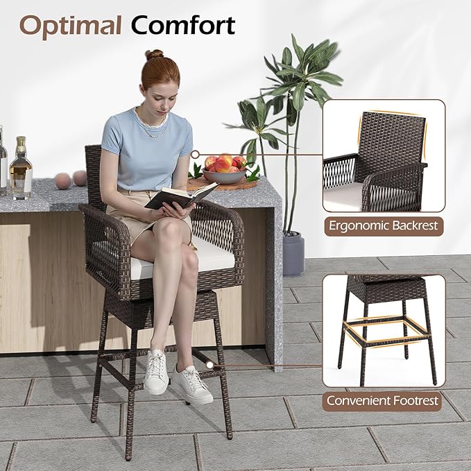 ORALNER Outdoor Wicker Swivel Bar Stools Set of 2, 29" Bar Height Patio Rattan Dining Chair with Armrests, Footrest & Seat Cushion, Metal Frame, for Backyard, Porch, Poolside, Deck (2, White)