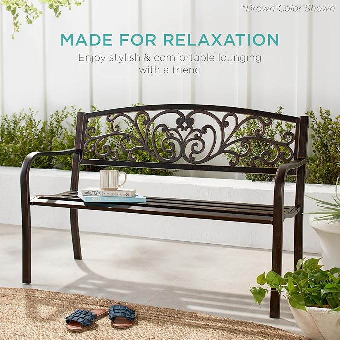 Best Choice Products Outdoor Bench Steel Garden Patio Porch Furniture for Lawn, Park, Deck w/Floral Design Backrest, Slatted Seat - Rust