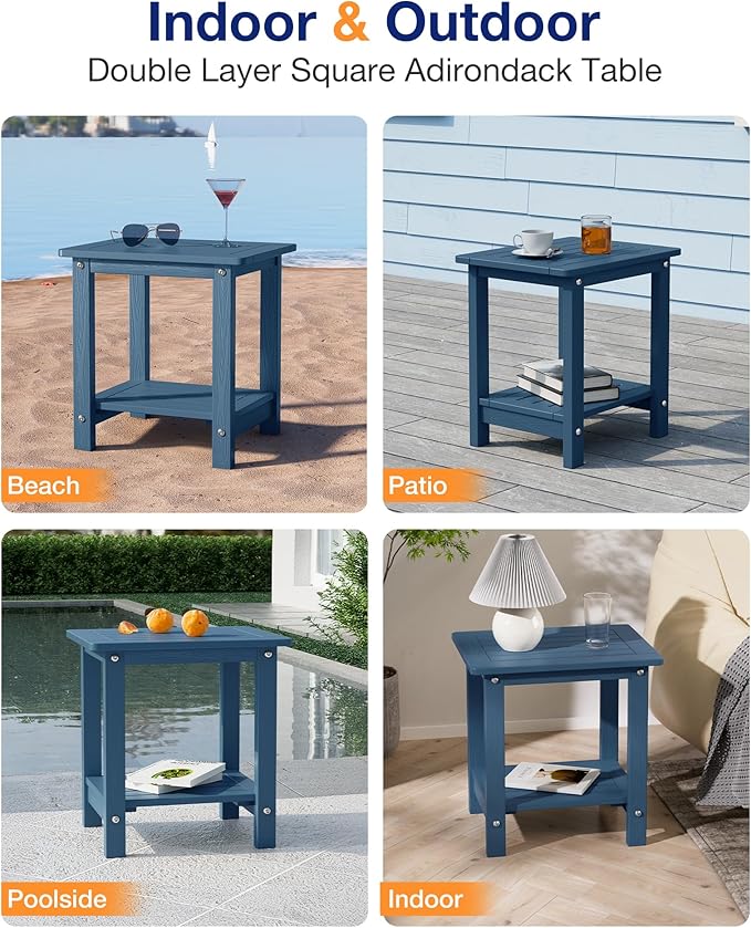 YEFU Outdoor Side Table for Patio: 16" HIPS Weather - Resistant Adirondack Tables - Waterproof Small Square End Tables for Backyard Pool Porch Balcony - Indoor Outdoor Double Layer Table Navy Blue