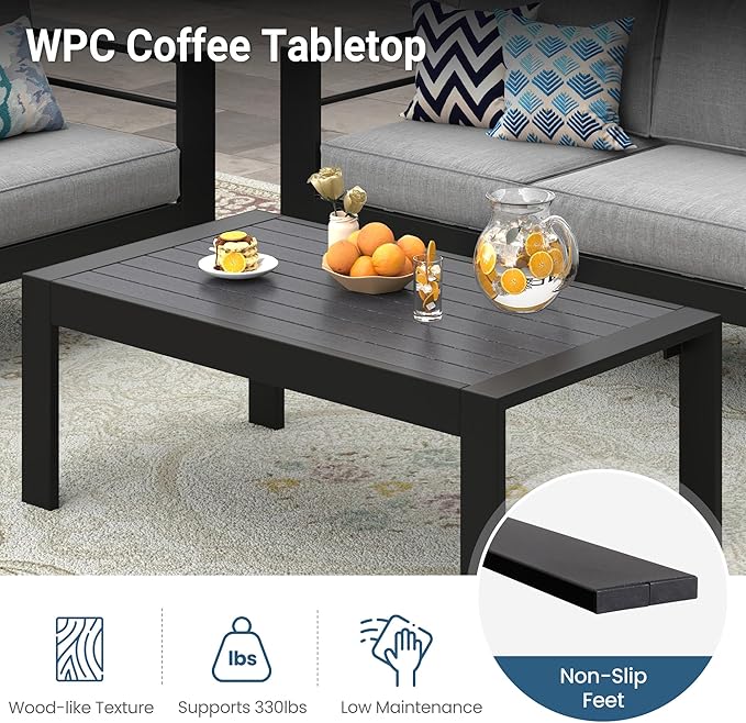Wisteria Lane Aluminum Outdoor Furniture Patio Coffee Table, All-Weather Outdoor Metal Coffee Table, Modern Rectangle Coffee Table for Balcony, Garden, Black