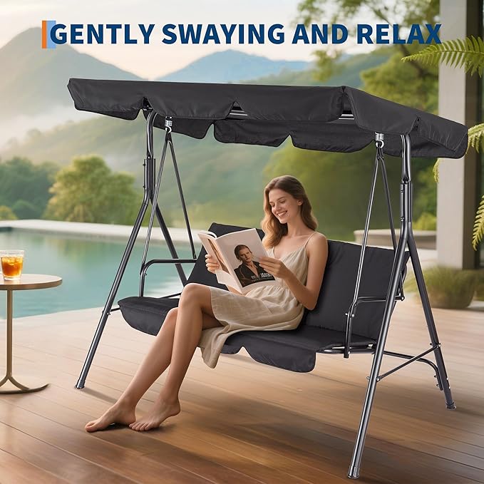 Porch Swing Chair with Adjustable Canopy for Adults 3-Seat Patio Glider Bench with Thick Cushions Steel Frame Outdoor Swing Chair for Backyard Lawn Garden Black
